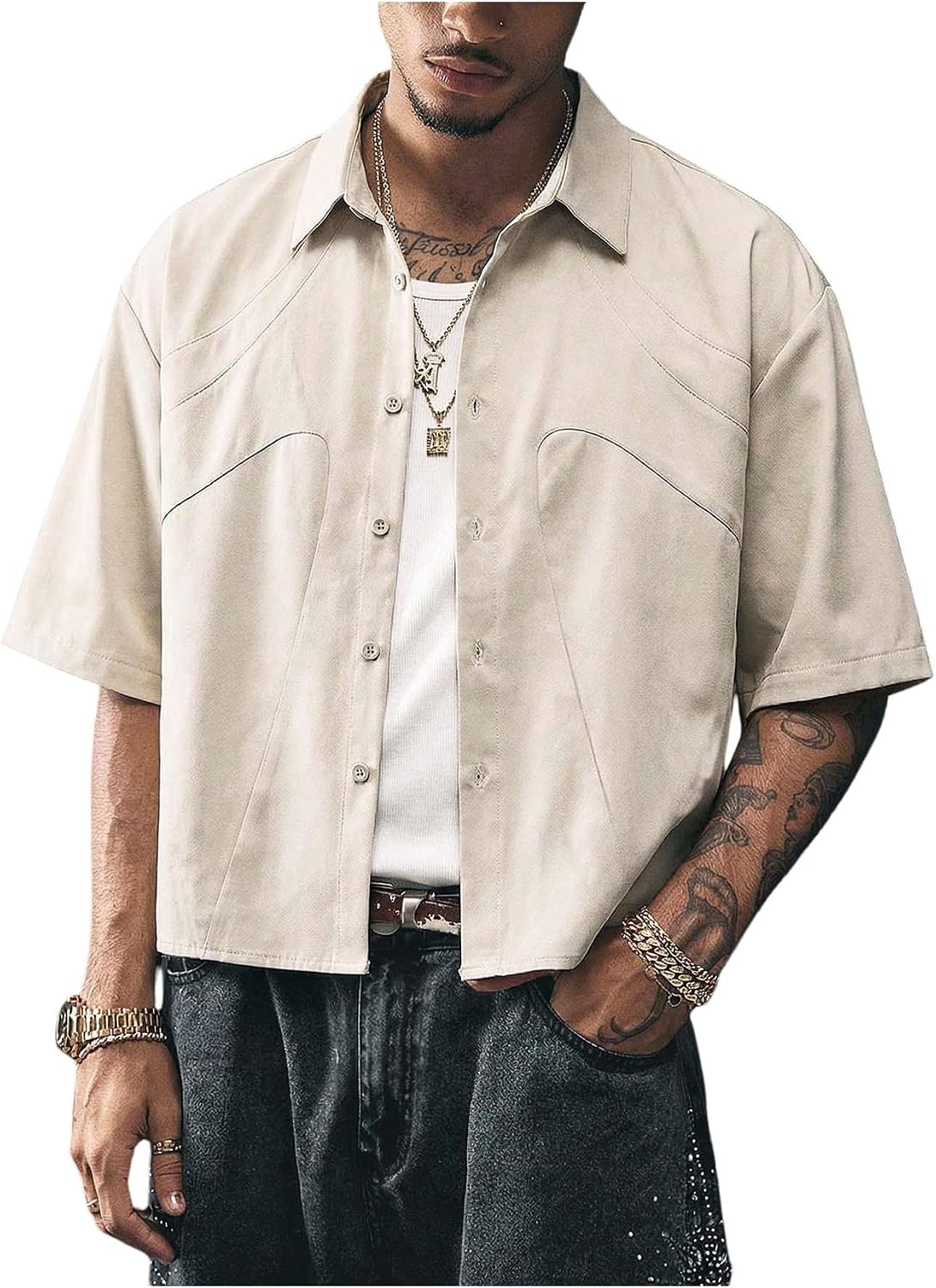 GORGLITTER Men's Cropped Shirt Button Down Up Short Sleeve Turn Down Collared Streetwear Shirts Old Money Clothes