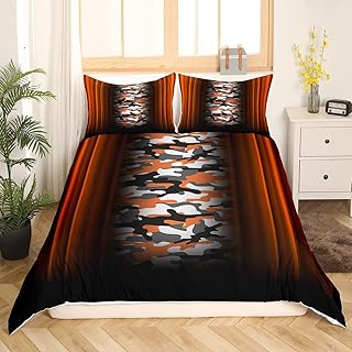 Camo Duvet Cover Set Full Size Black and Orange Bedding Set 3Pcs for Kids Boys Teens Room Decor Camouflage Geometric Ombre Hexagon Bedspread Cover with 2 Pillowcases