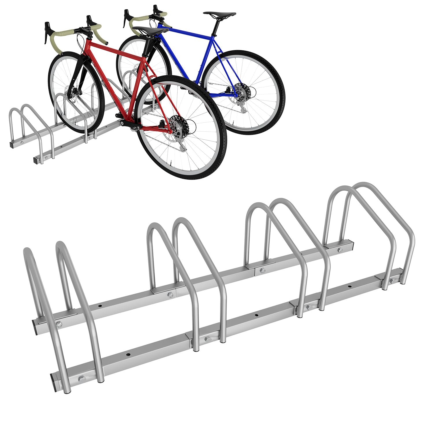 Soporte de suelo para 4 bicicletas, soporte para ruedas de acero galvanizado, ancho de neumático de 35 a 55 mm, distancia de aparcamiento de 30 cm, soporte para bicicletas para garaje, sótano, patio