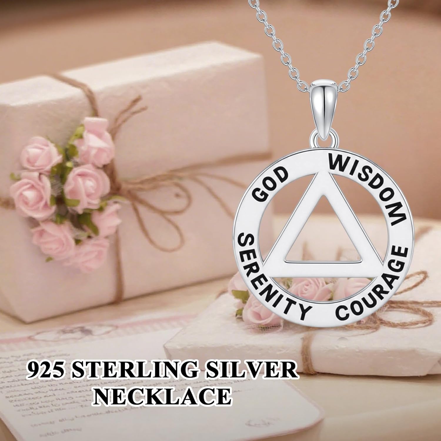 AOBOCO AA Sobriety Gifts 925 Sterling Silver Alcoholics Anonymous Gifts Triangle Sobriety Necklace Stay Sober Recovery Jewelry for Men Women Her
