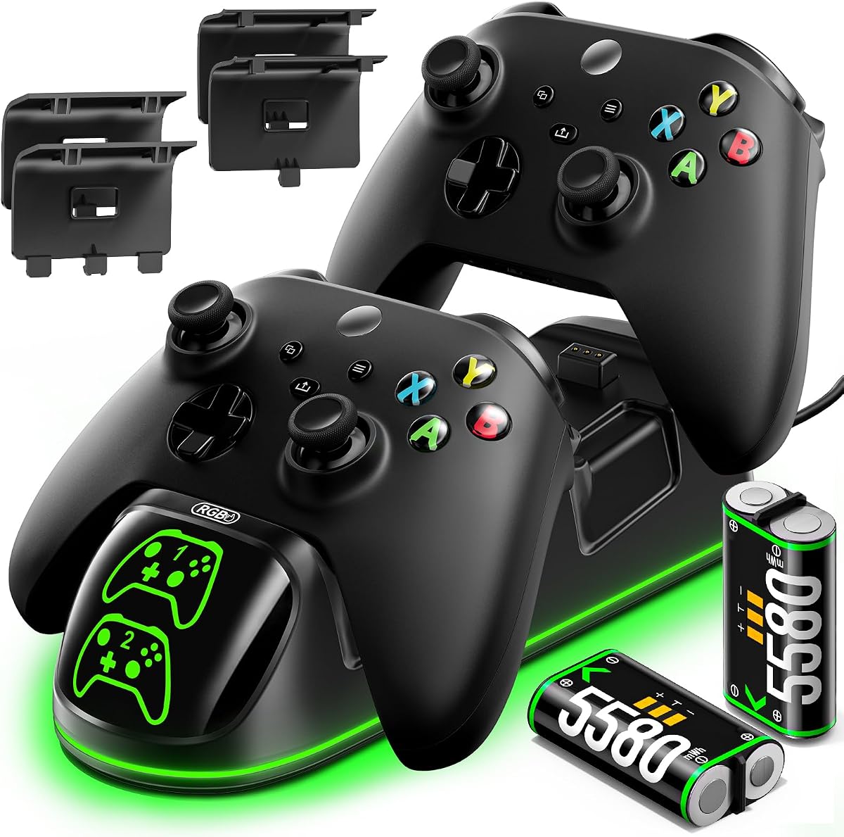 OlVO XSX Controller Charger for X/S/One/Elite, with 2x5580mWh Xbox Battery | 2-Hour Fast Charging Dual Dock, Charger Station with 2-Pack Rechargeable Batts & 4-Pack Covers, For Xbox One consoles, Black