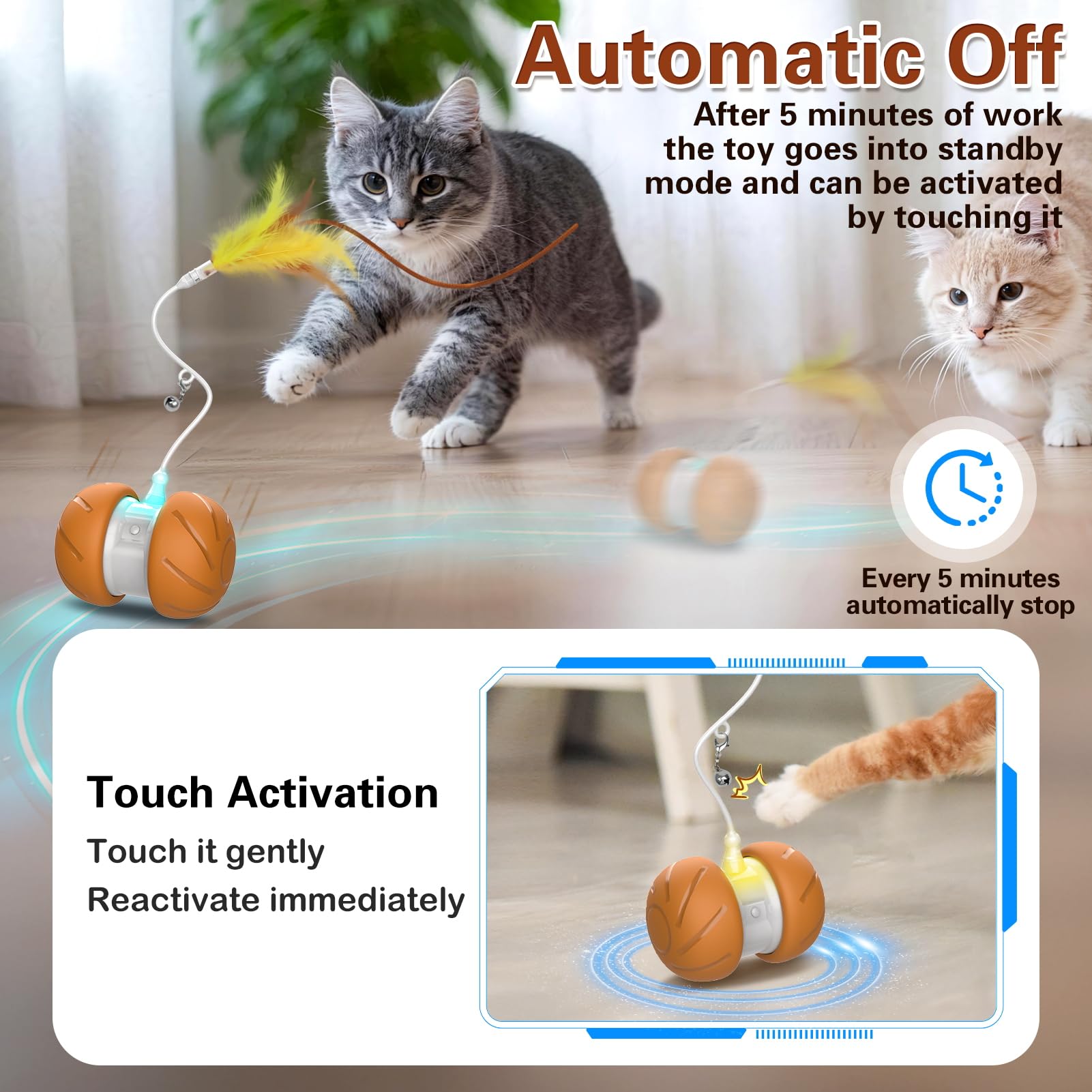 umosis Juguetes para gatos adultos aburridos de interior, varita de plumas interactiva, robot de movimiento automático, juguete activado por tacto, juguetes de ejercicio de enriquecimiento recargables