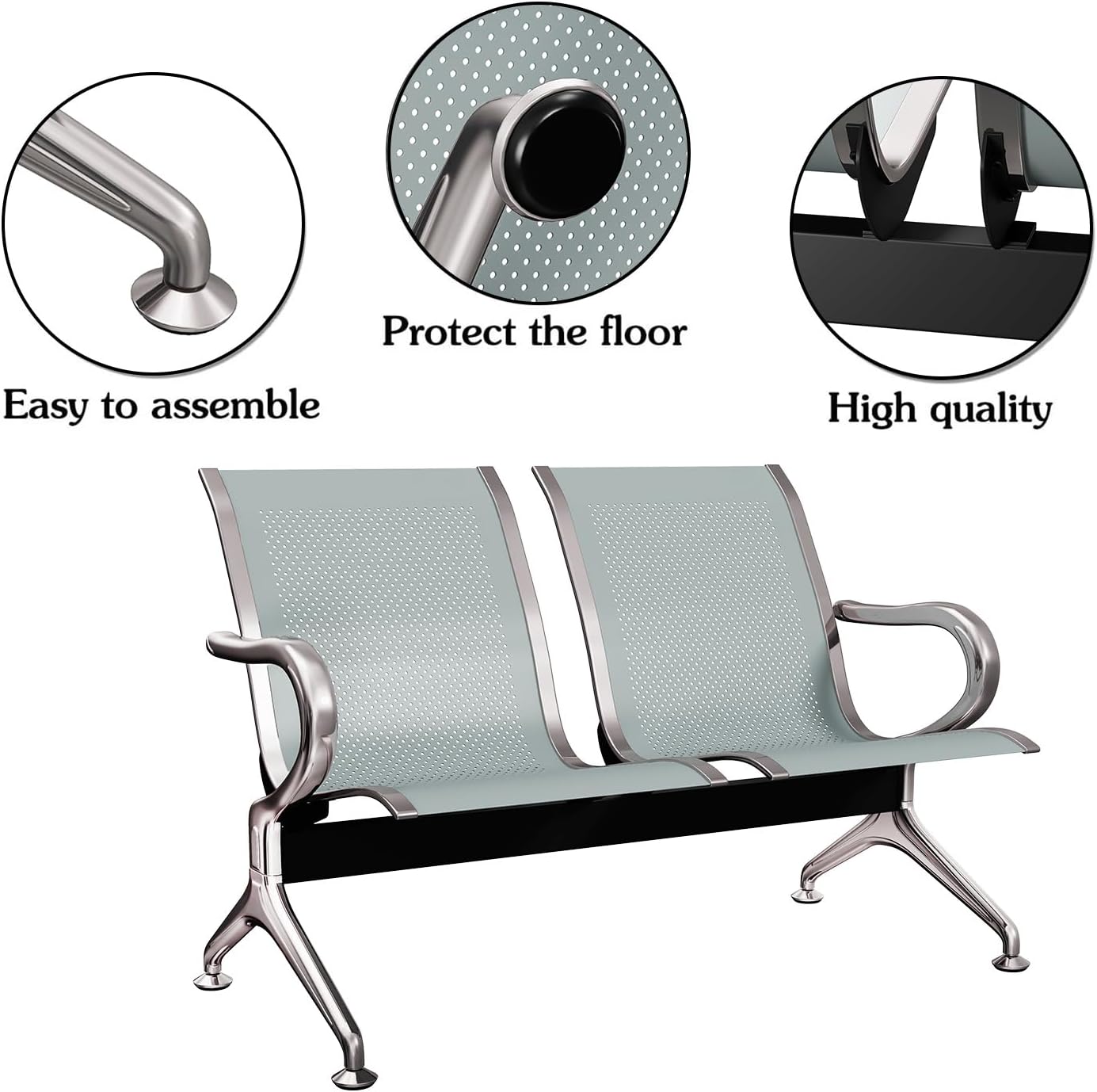 Kinsuite 2 Seat Airport Reception Chairs Waiting Room Chair with Arms, Metal Reception Bench Seating, Lobby Chairs for Business Office Hospital Bank Airport Market (Silver)