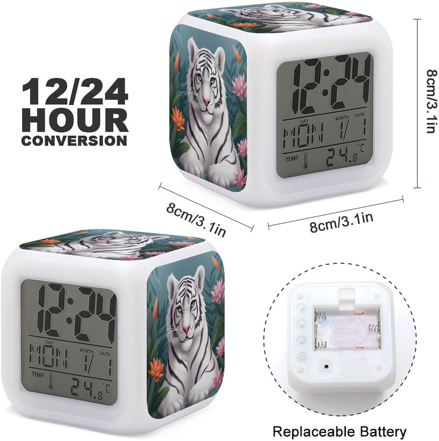 Cute White Tiger Alarm Clock Led Display Alarm for Bedroom Smart Digital Alarms with 7 Color NightLight Small Night Light Clock for Heavy Sleepers Simple Operation image 3