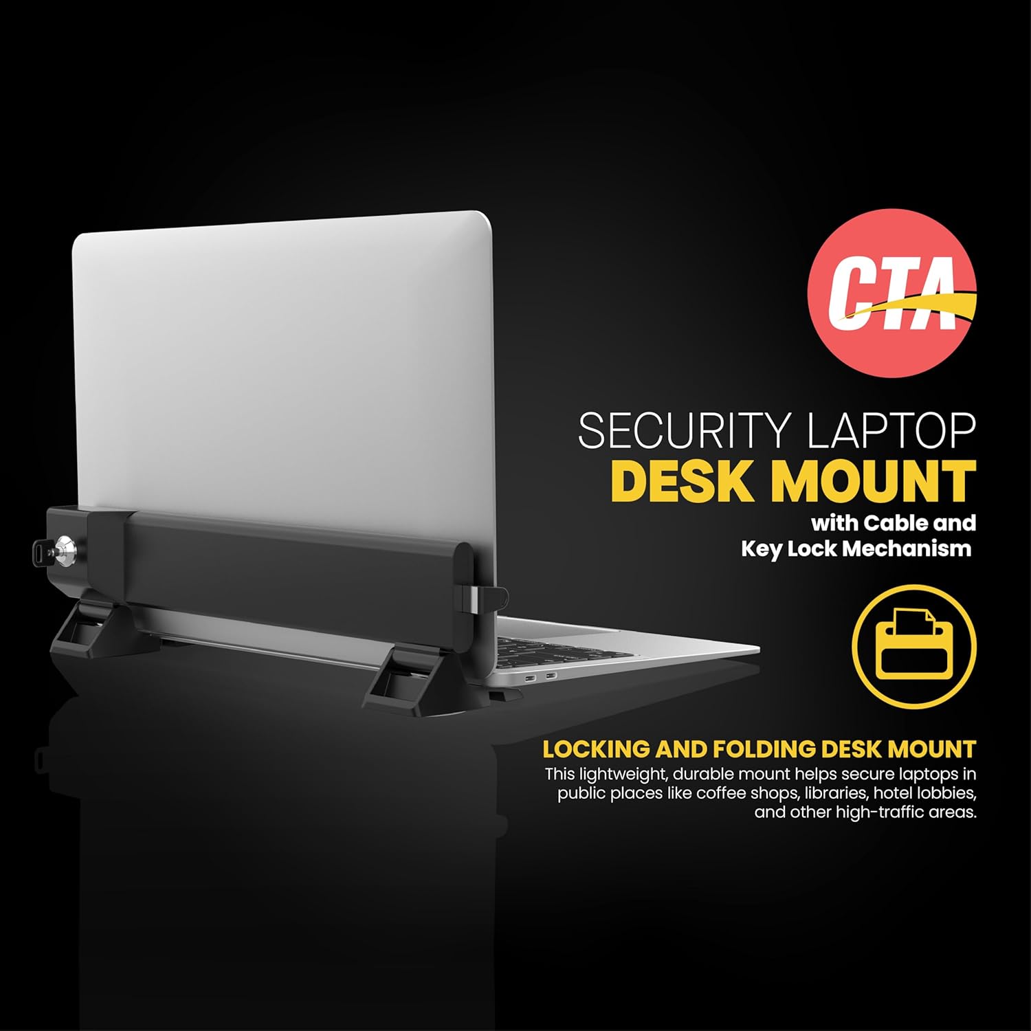 Folding Laptop Mount – CTA Locking and Folding Security Laptop Desk Mount That Secures Laptops with Cable & Key Lock Mechanism - Black (LT-LFSDM)