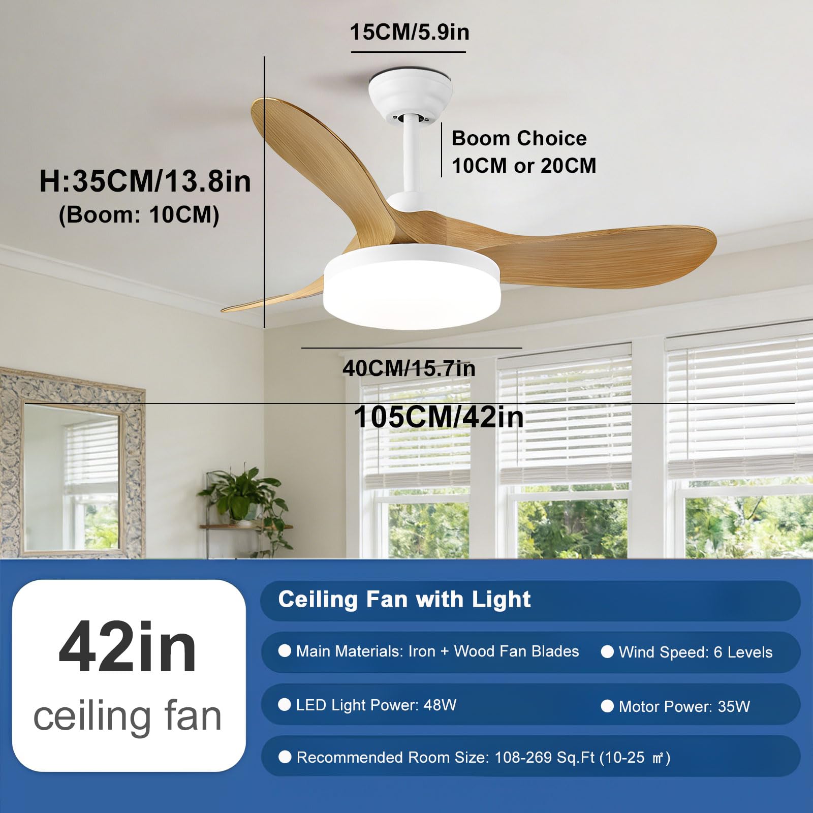 Ventilador de Techo Moderno Blanco con Detalles en Madera Clara, silencioso, con luz LED Regulable, Control Remoto Inteligente (por aplicación o Voz), 6 velocidades, Ideal para dor