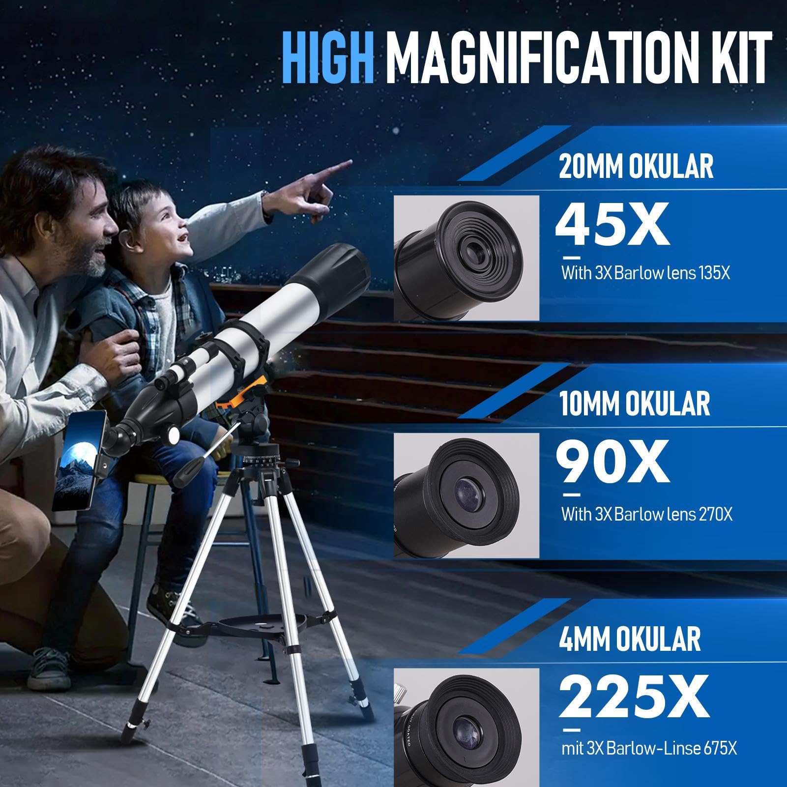 Telescopio de Alta Potencia, telescopio de Longitud Focal de 900 mm para niños, Aumento 36X-675X, telescopios catadióptricos portátiles para astronomía, Principiantes, observación del Planeta