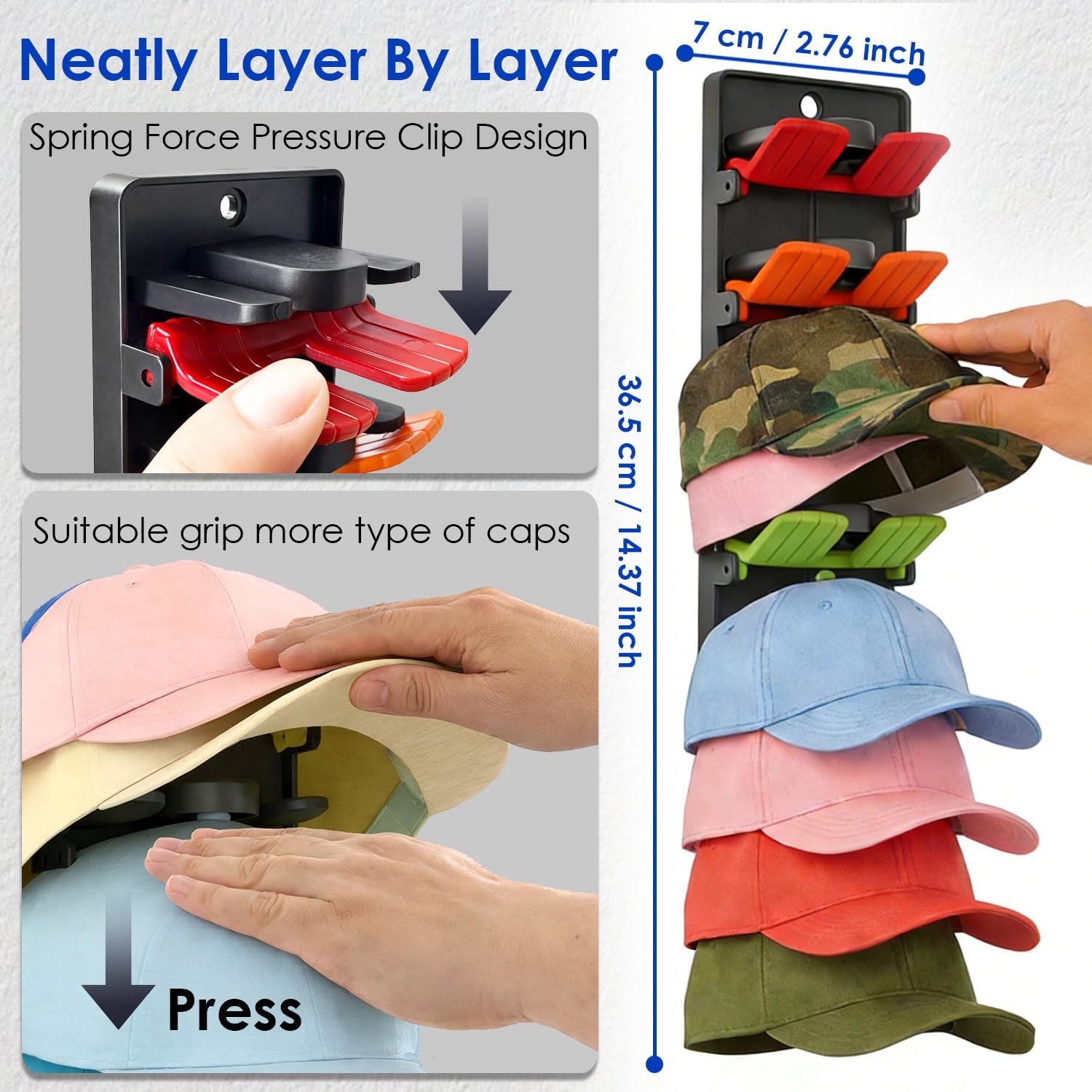 Hat Organizer for Baseball Caps, 2-Pack Wall Hat Rack with Spring Clips, Holds 20 Caps, Adhesive or Screw Mount Closet Hat Storage (3 Colors Available) (Multicolor)