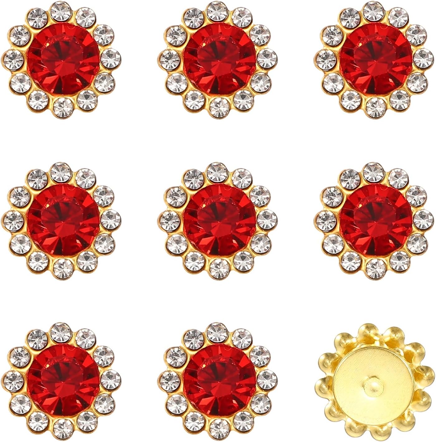 120Pcs 12mm Sew on Flower Rhinestones Crystal Glass Gems | Flatback Claw with Metal Base Crystals for Sewing Clothes Shoes Jewelry Belt Accessories, Bright Red