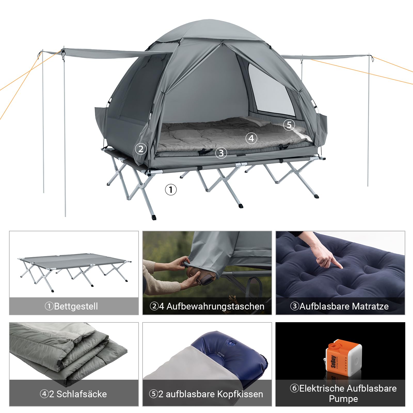 SoBuy Feldbett mit Zelt 7in1 Wurfzelt mit Luftpumpe, Rolltasche, Schlafsack, Wasserdichtes Campingbett Outdoor Campingliege Familienzelt Camping Tent