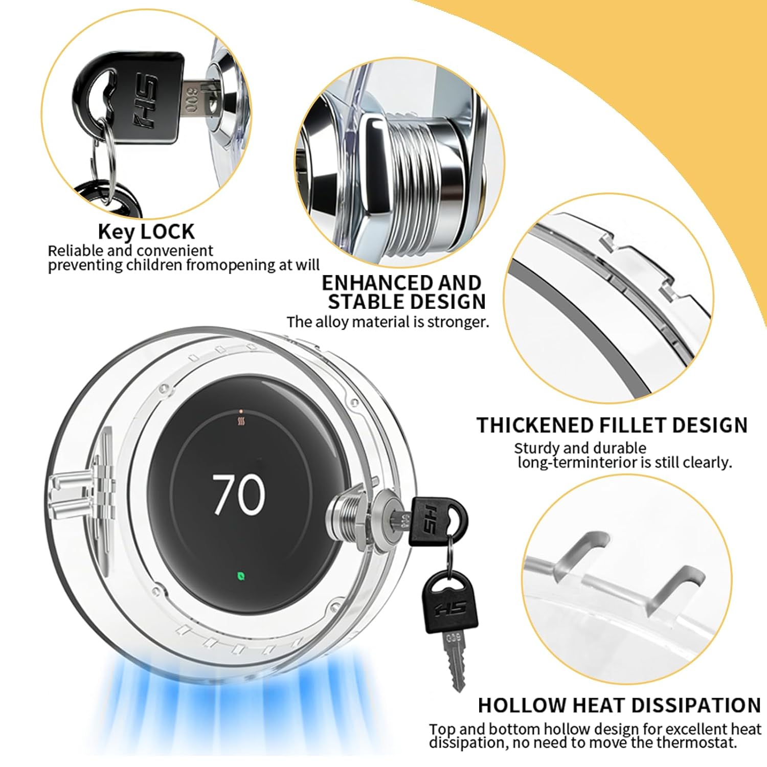 2PC Round Thermostat Lock Box with Key,2026 Upgrade Model, Clear Wall Universal Thermostat Guard Cover, Fits Round Nest Thermostat (5.31" x 5.31" x 1.96") or Smaller