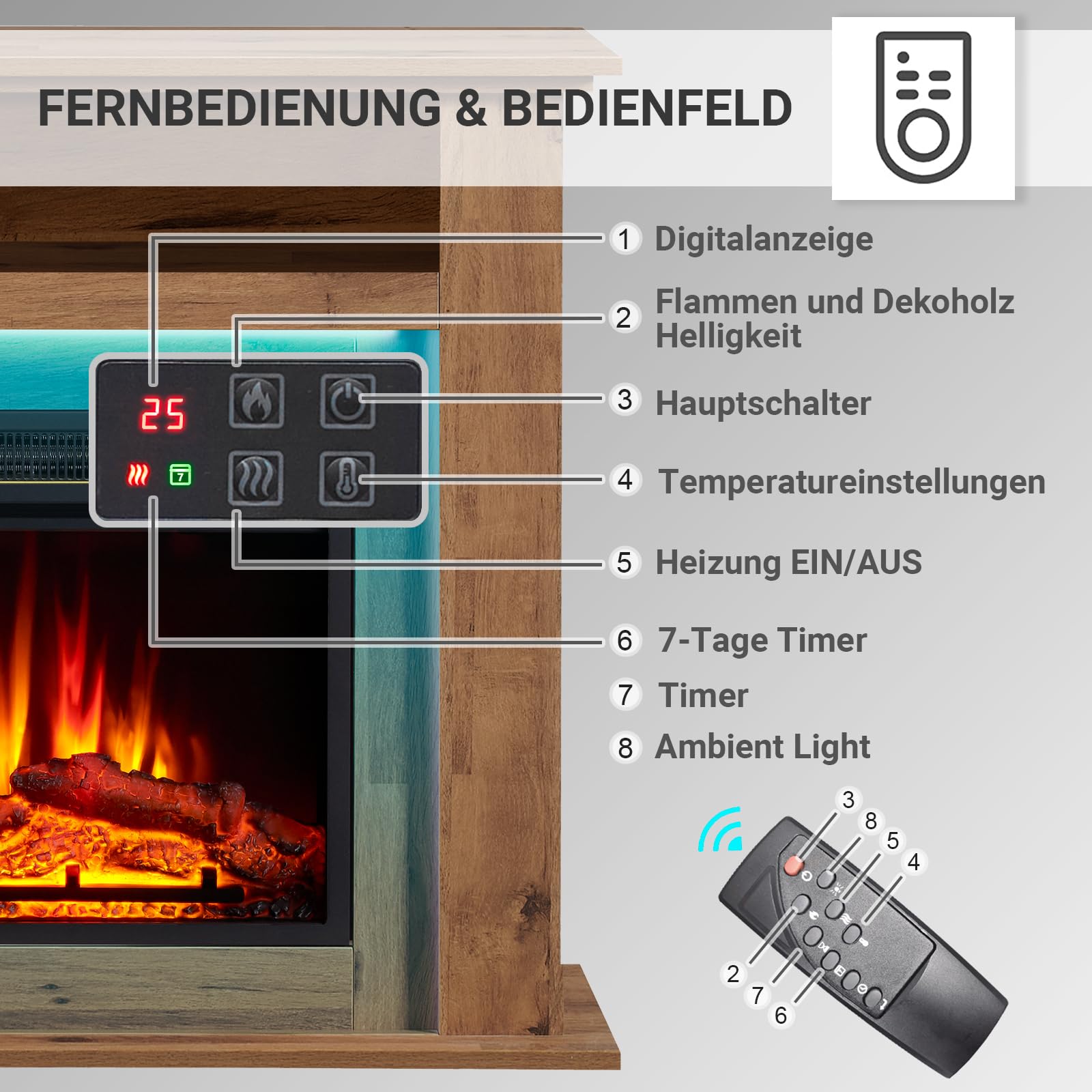 Camino elettrico BALDERIA Liora - Caminetto elettrico con vano portaoggetti, effetto fiamma 3D, illuminazione d'ambiente a LED, riscaldamento 2000W, timer, termostato, telecomando - rovere scuro