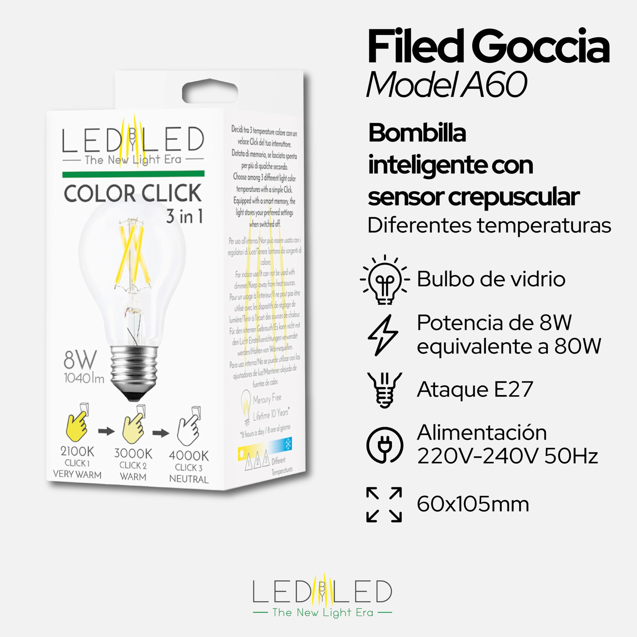 Bombilla Smart Goccia Color Click 8W, E27, Vidrio Transparente, Color Variable 2100-4000-6000K, filamento LED recto, 960 Lúmenes, Pack de 10 unidades