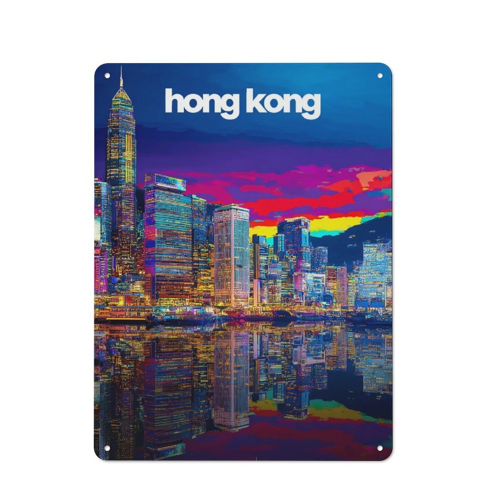 Vintage Metal Sign with Vibrant Hong Kong Skyline Design 40x30cm, Vintage Bar Wall Plaque for Cafe, Pub, Workshop Or Home Bar