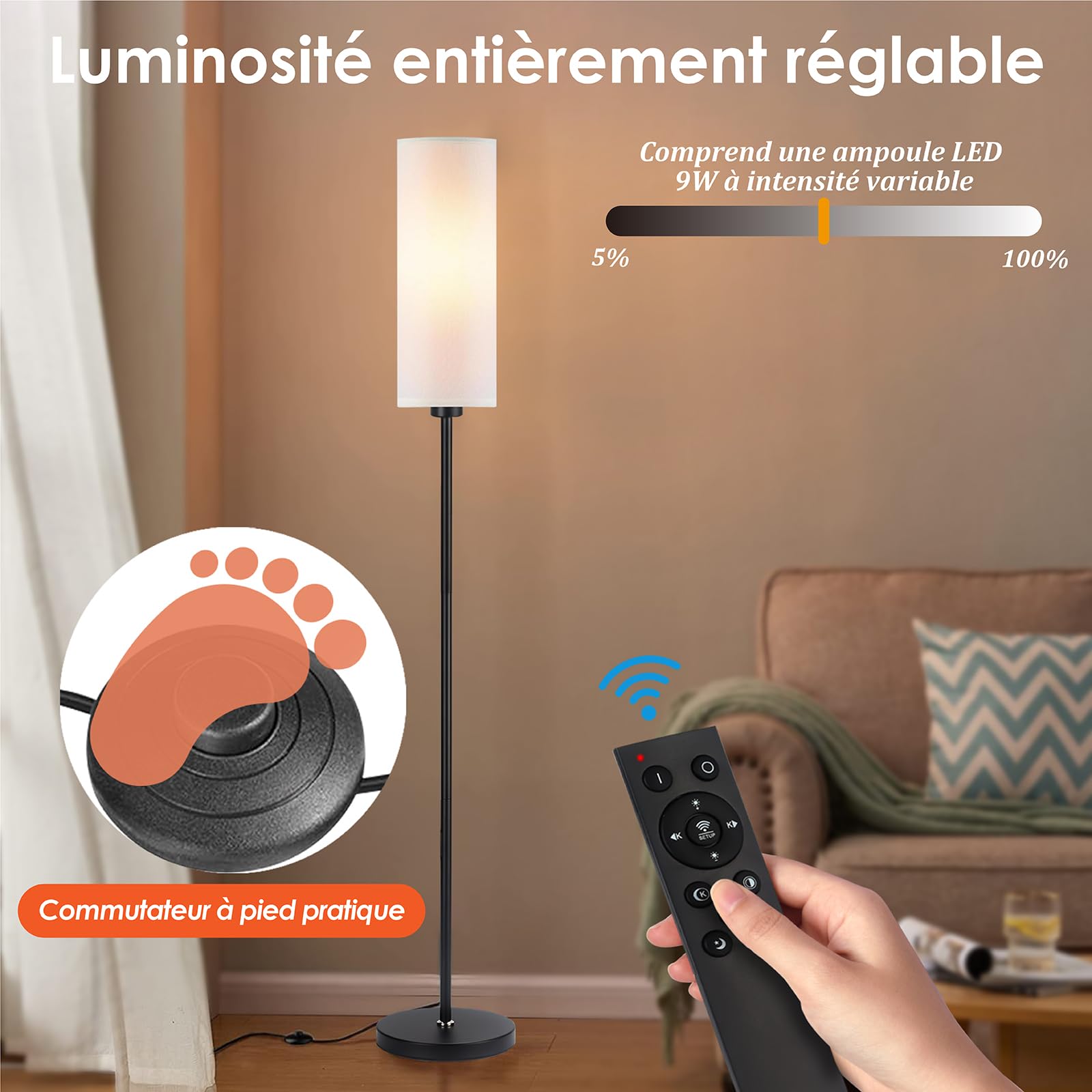 Lampadaire Sur Pied Salon avec télécommande, Températures de Couleur Réglable, Ampoule LED 9 W incluse, Lampe de Lecture Blanc Moderne, Lampes de Chevet pour Chambre à Coucher, Salon, Bureau