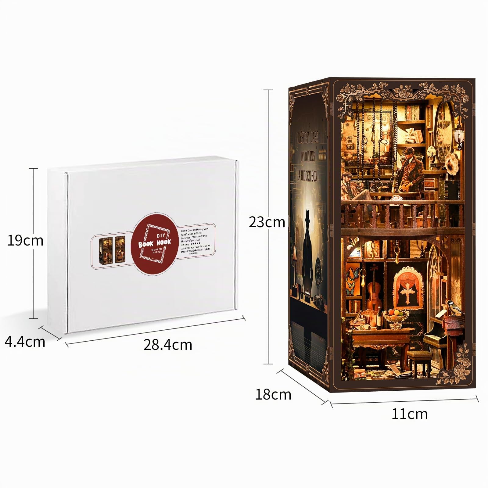 Book Nook Kit serie poliziesca- Scatola Oscura|Caso Misterioso, puzzle in legno 3D fai da te con LED-Case delle Bambole,set fai da te per adulti,Idea Regalo Creativa,decorazione per libreria