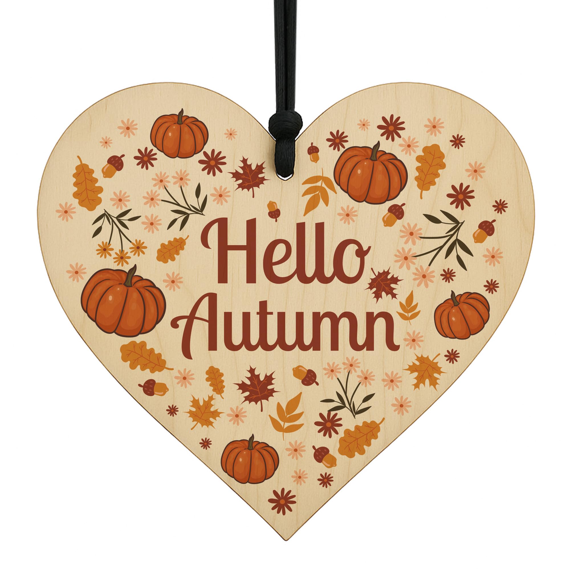 Red Ocean Hello Autumn Decorations Hanging Wooden Heart Plaque Autumn Printed Leaves and Pumpkins Maple Autumnal Accessories Decor for Thanksgiving