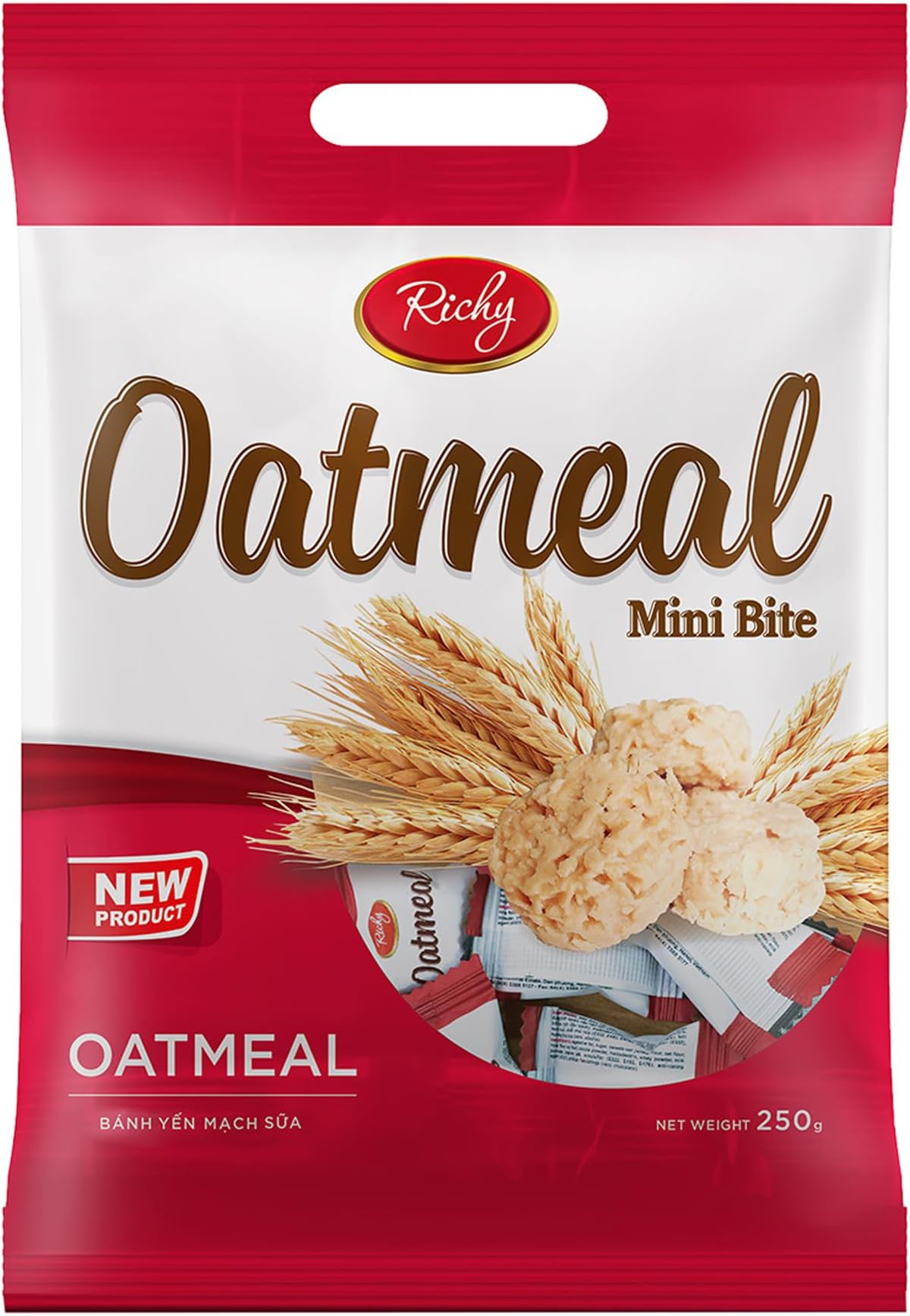 Richy Oatmeal Mini Bites Cakes Oatmeal Cheese Mini Bites Oatmeal Chocolate Mini Bites nutritious whole grain snack with high fiber for digestive Korean snack Vietnamese snack health low sugar low fat perfect for dieters convenient and portable snack for office travel and fitness (1 Pack), Oatmeal Mini Bites-250g)