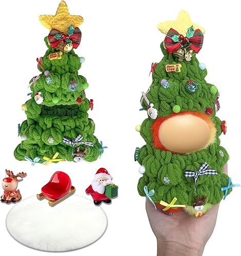 Christmas Clothes for Lububu Outfit, 5 Pcs Set with Santa Claus, Elk, Sleigh Ornaments, Snow-White Blanket , Hand-Crocheted Christmas Tree Clothins Outfits Set for 17cm LUBUBU Dolls