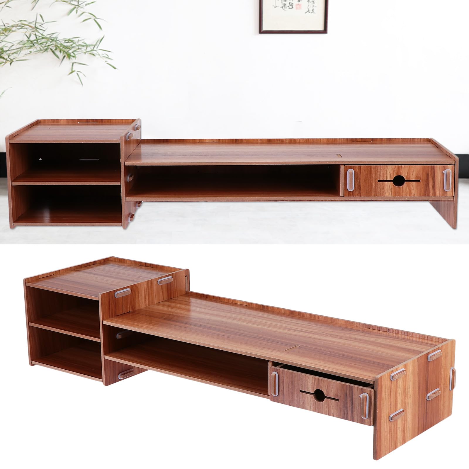 Supporto per Monitor da Scrivania in Legno Marrone Cassetto, Design Pratico e Salvaspazio per Casa e Ufficio, Stand Elevatore per Computer