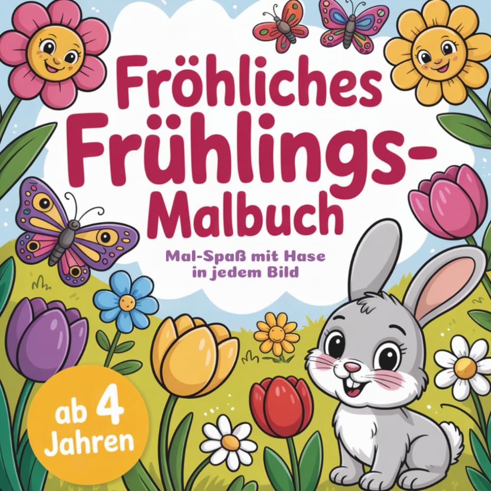 Fröhliches Frühlings-Malbuch - Mal-Spaß mit Hase in jedem Bild für Kinder ab 4 Jahren: 50 abwechslungsreiche Ausmalbilder mit Frühlings- und Oster-Motiven