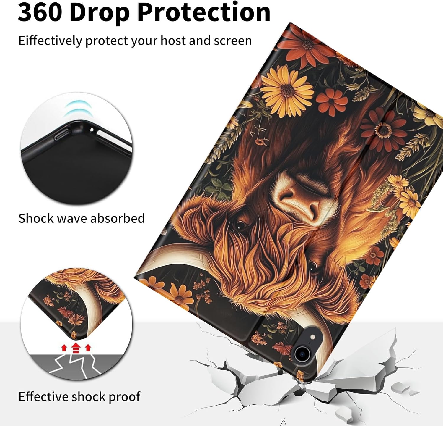 for iPad (A16) 11th Generation Case 11" 2025,for iPad 10th Gen Case 10.9" 2022-Leather Adjustable Stand Smart Cover with S Pen Holder & Auto Wake/Sleep,Beautiful Highland Cow