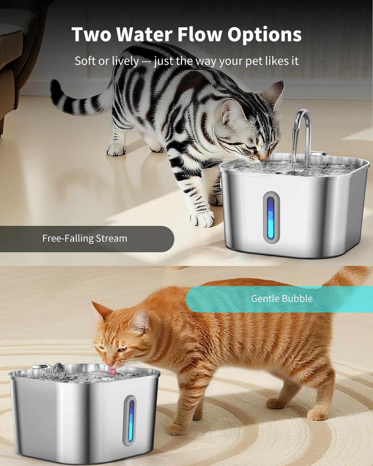 Fuente de agua para gatos de acero inoxidable, 74 onzas/2.2 L fuente para gatos con bomba silenciosa, dispensador automático de agua para mascotas, ideal para hogares con múltiples mascotas, agua