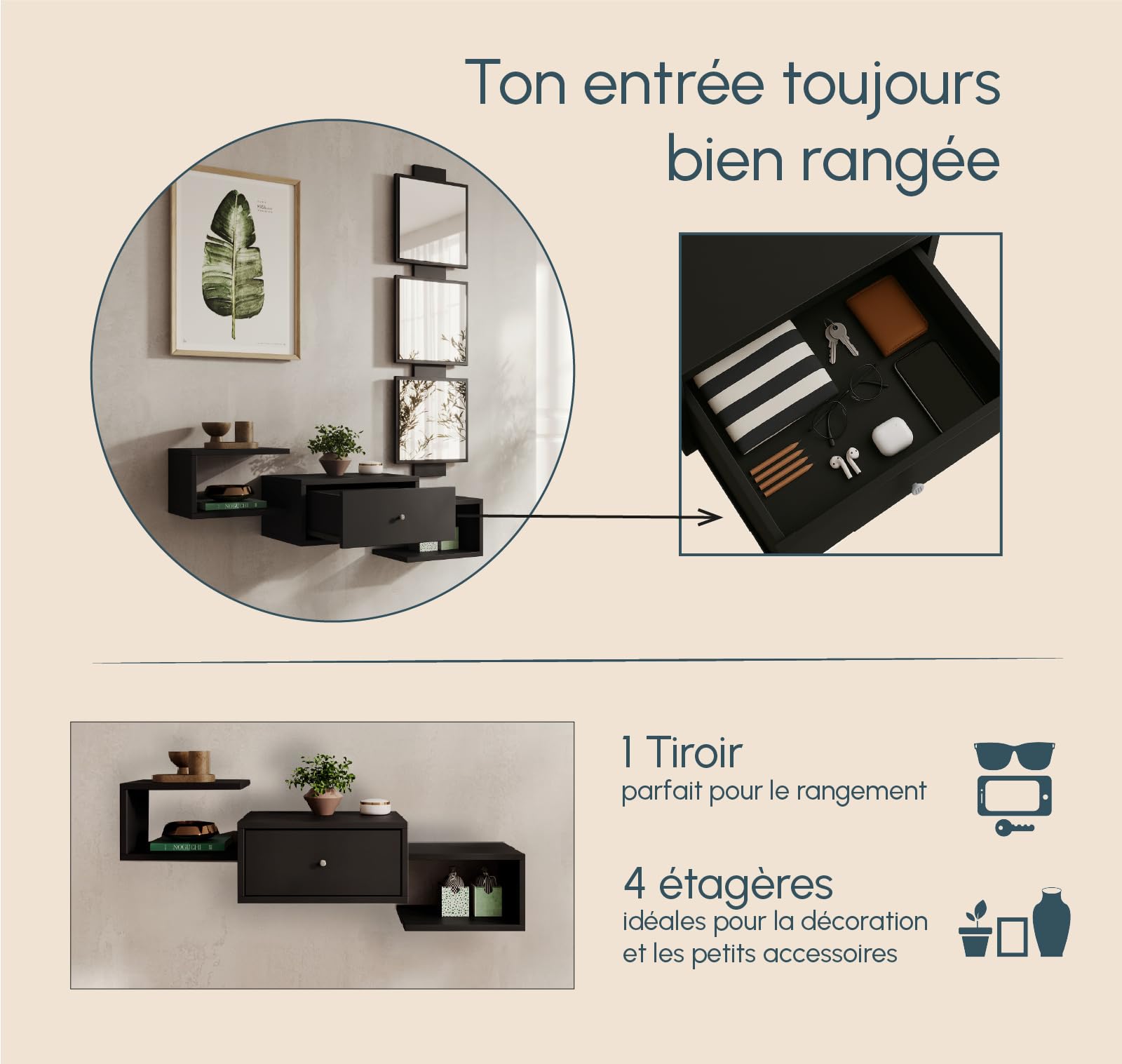 MB Muebles Bonitos, Meuble d’Entrée Mural Neo avec Miroir et Tiroir, Design Moderne Suspendu, Mélamine Mate, Couleur Noir, 99.5x145x29.5 cm