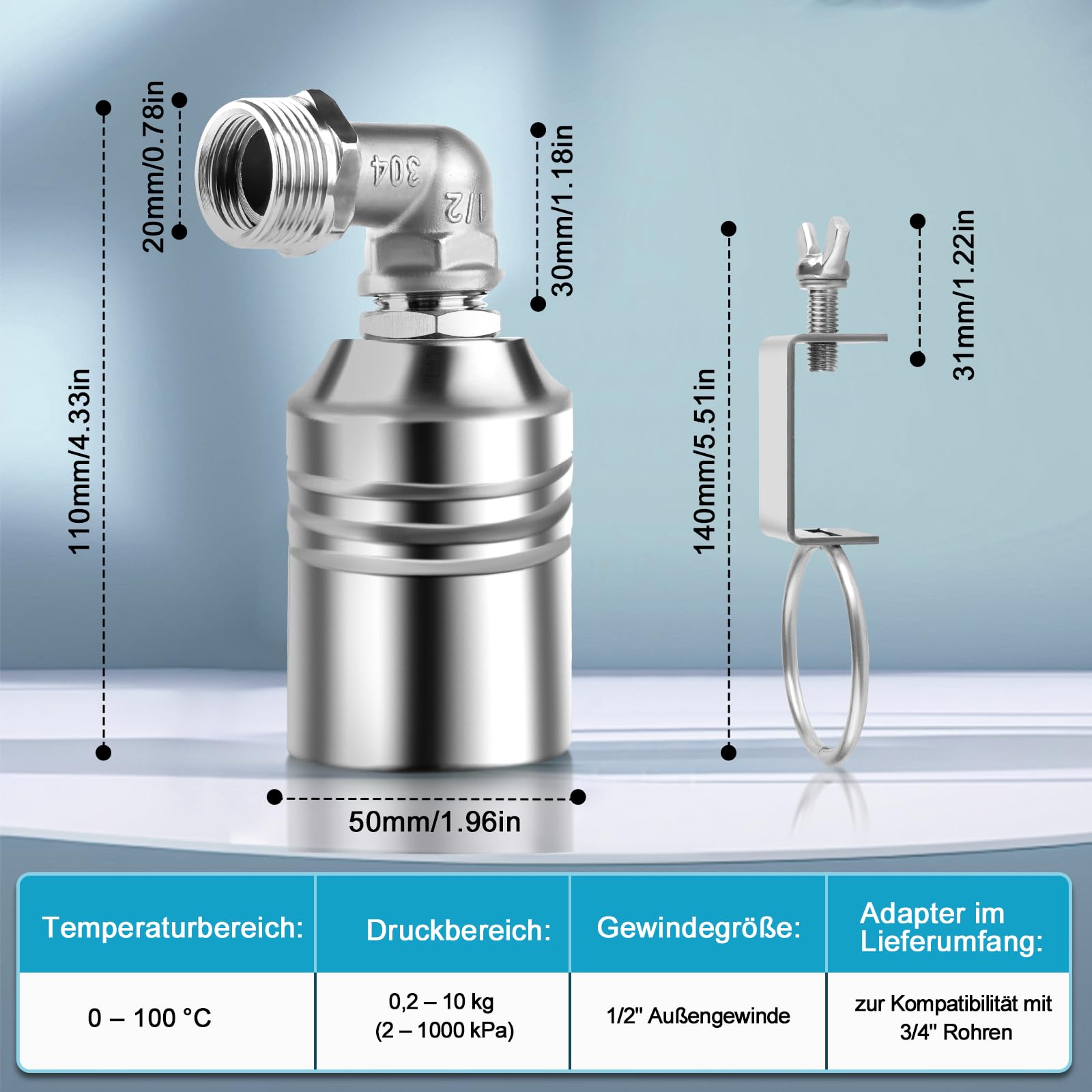 3/4 Zoll Schwimmerventil Aus 304 Edelstahl – Automatische Wasserstandsregelung, Einstellbar, 0,2–8 Bar – Inkl. Dichtband Und Wellrohr