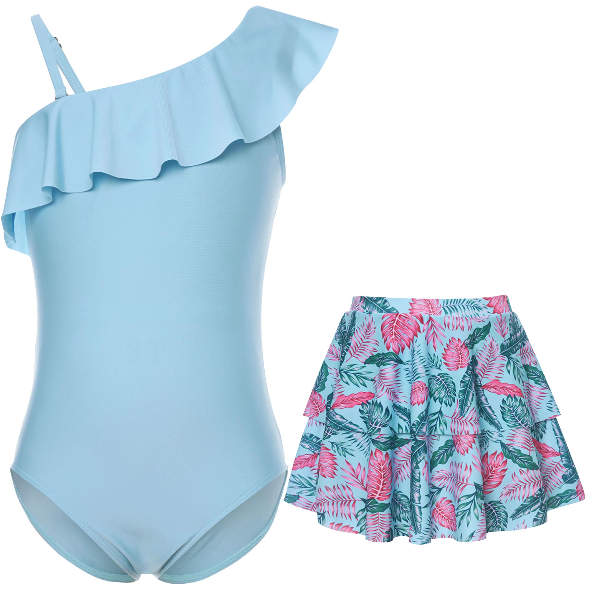 swimsobo Girls One Piece Swimsuit with Skirt One Shoulder Ruffle Bathing Suit Adjustable Swimwear for Size 5-12 Years