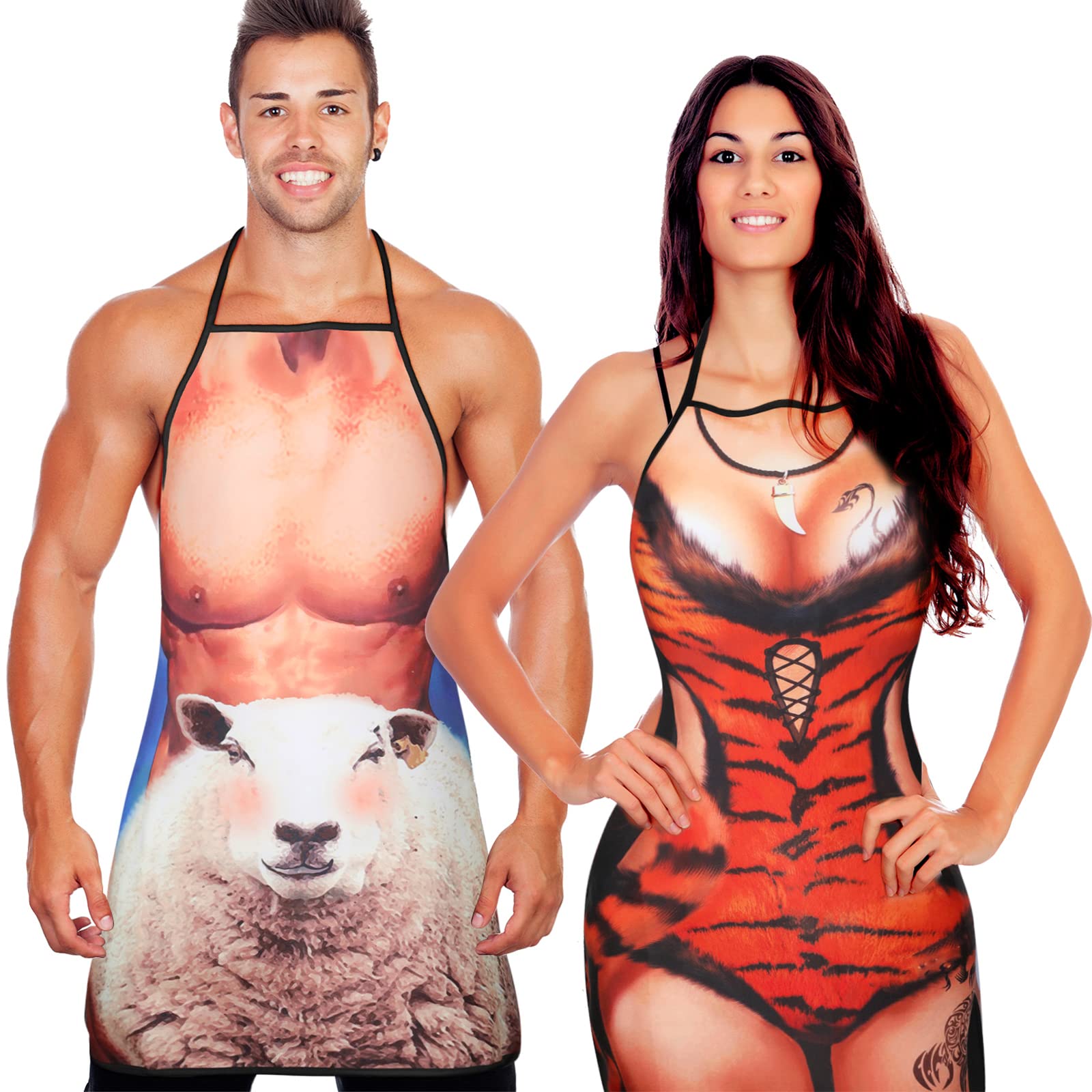 Neer 2 Delantales Divertidos Cocina de Pareja - Novedoso Regalo de Broma para Hombre y Mujer - Navidad de Chef Musculoso Delantal Creativo Impermeable Ajustable