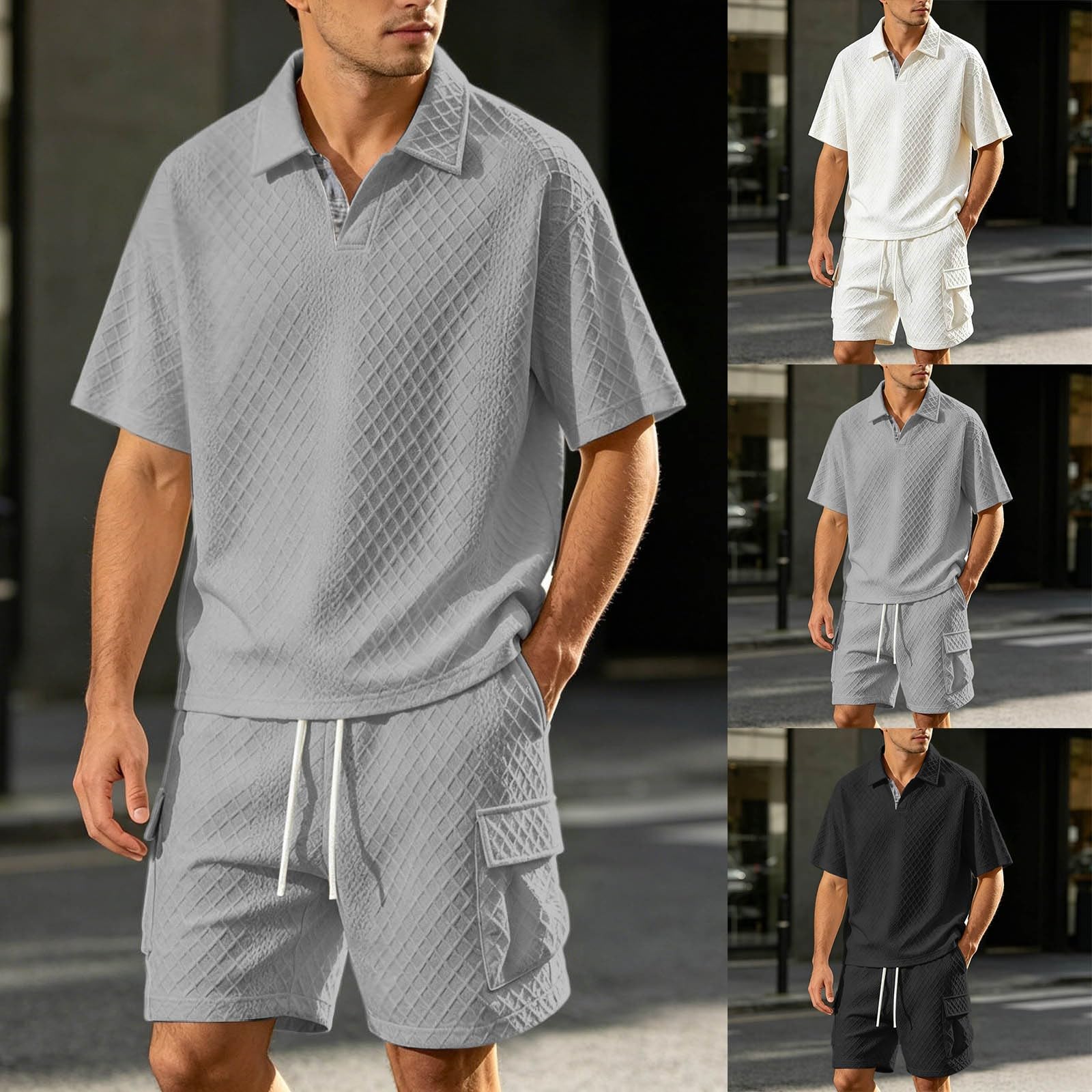 Tuta da uomo con jacquard, 2 pezzi, estiva, pantaloncini e polo, a maniche corte, tuta da jogging, tinta unita, traspirante, per il tempo libero