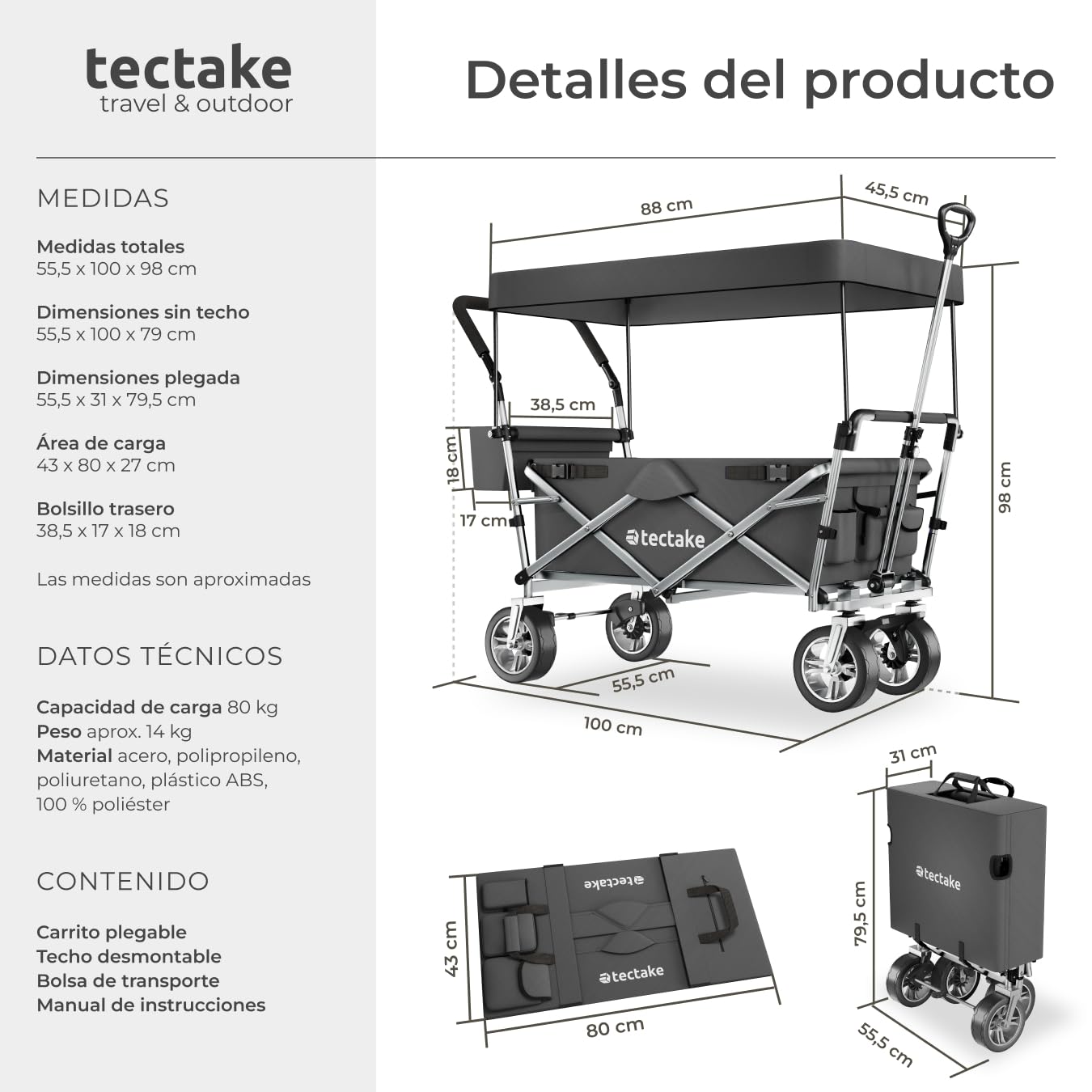 tectake® Carro Plegable para Jardín, Carro Transporte con Techo Desmontable, Carrito Playa con Asa Telescópica, Carretilla Jardín con Bolsa Trasera, Carro Camping Multiuso, Capacidad 80 kg - gris