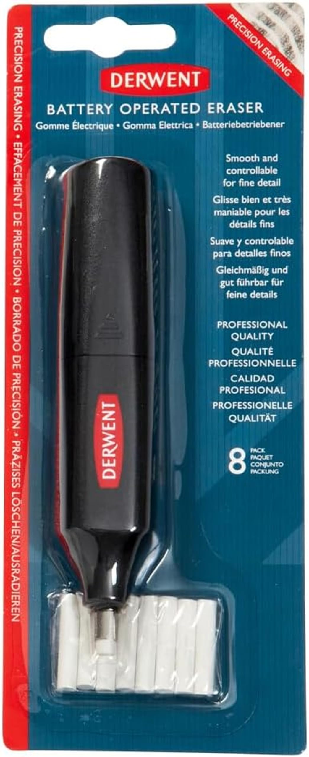 Derwent Stylo gomme à piles, comprend 8 gommes de rechange, convient aux crayons graphite, de couleur et pastel, qualité professionnelle, 2301931, noir