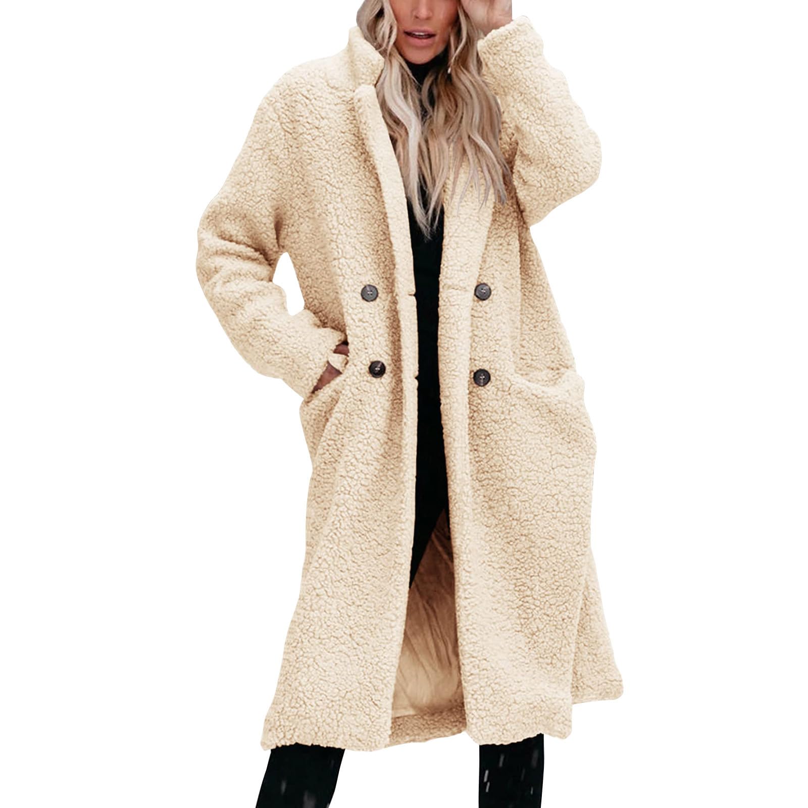 Fleecejacke Damen Lang Wintermantel Flauschig Plüschjacke Einfarbig | Fleecejacke Damen Ohne Kapuze Plüschmantel Winddicht Teddyfleece Jacke Mit Taschen Flauschjacke Mit Knöpfen Mantel Warm