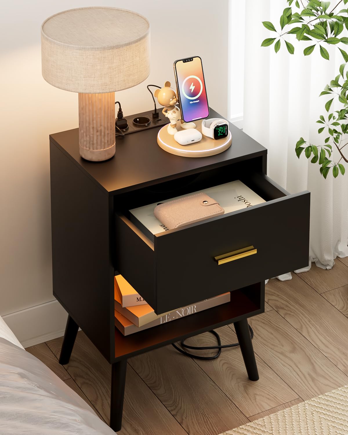 table de chevet avec prise - Noir - Charge et USB - LED avec tiroir - Appoint pour chambre à coucher, salon