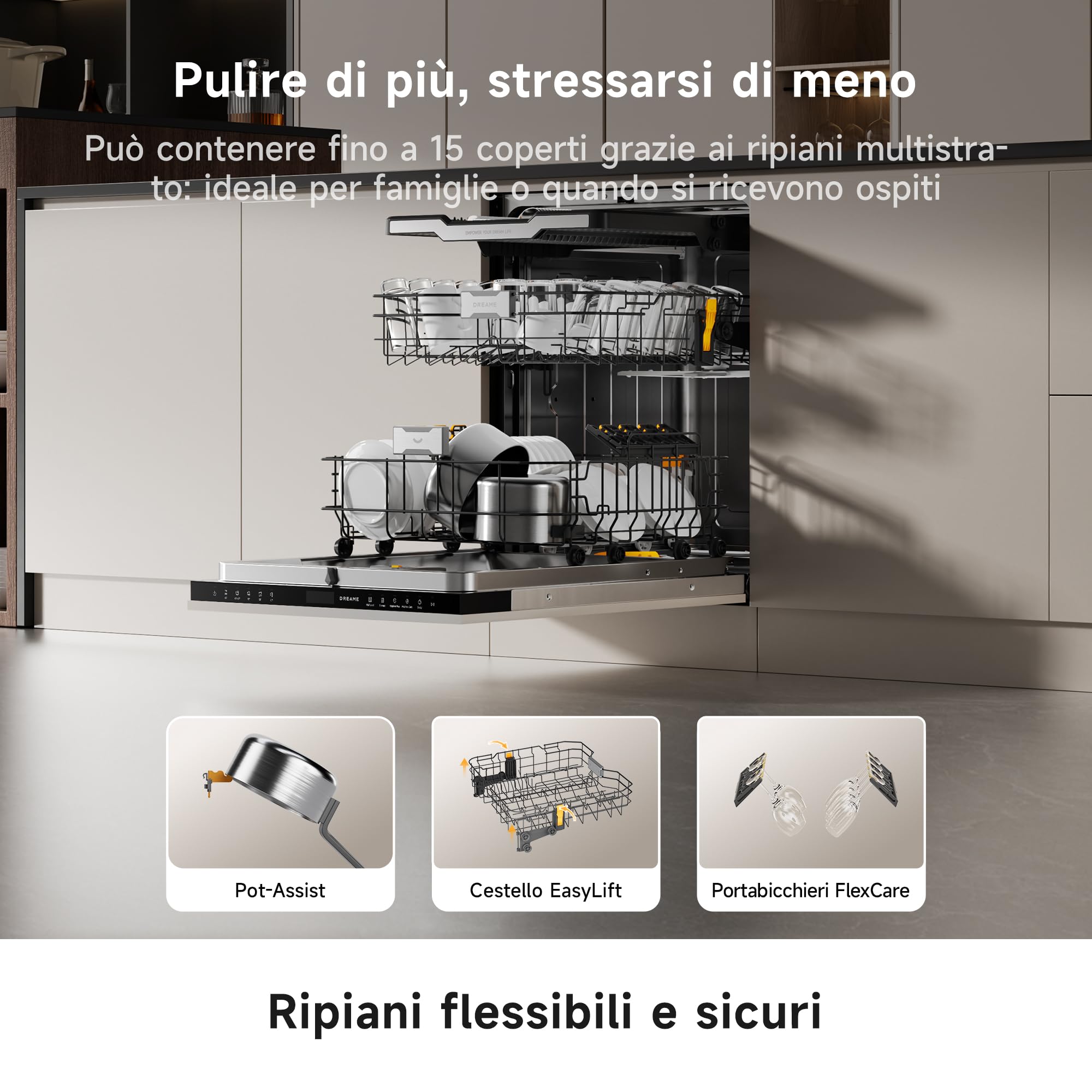 DREAME DZ60 Pro Lavastoviglie da Incasso 60cm con Frontalino, 15 Coperti, Controllo Smart, Braccio Irroratore FlexWing, Pulizia Profonda a 75 °c, Doppia Asciugatura Lavastoviglie Libera Installazione