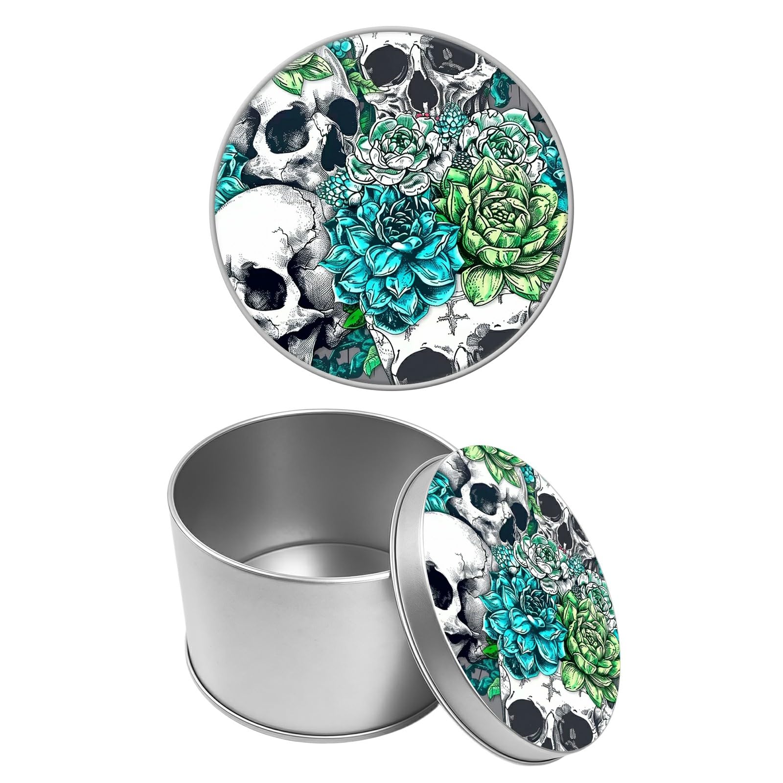 Round Metal Tin Container with Removable Lid, Retro Skulls Durable Metal Storage Box for Cookies Spices Tea Candies Cakes Jewelry Cosmetics 3.54 x 2.36 inch– Single Pack