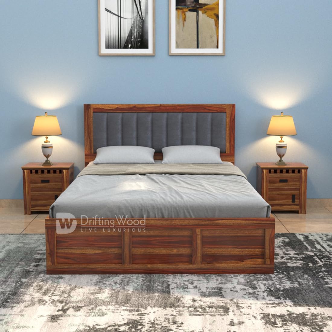 DRIFTINGWOOD Morzo Solid Sheesham Wood Queen Size Bed with Storage | Wooden Double Bed Cot Bed with Box Storage & Matt Grey Color Velvet Upholstered Cushioned Headboard for Bedroom | Honey Finish
