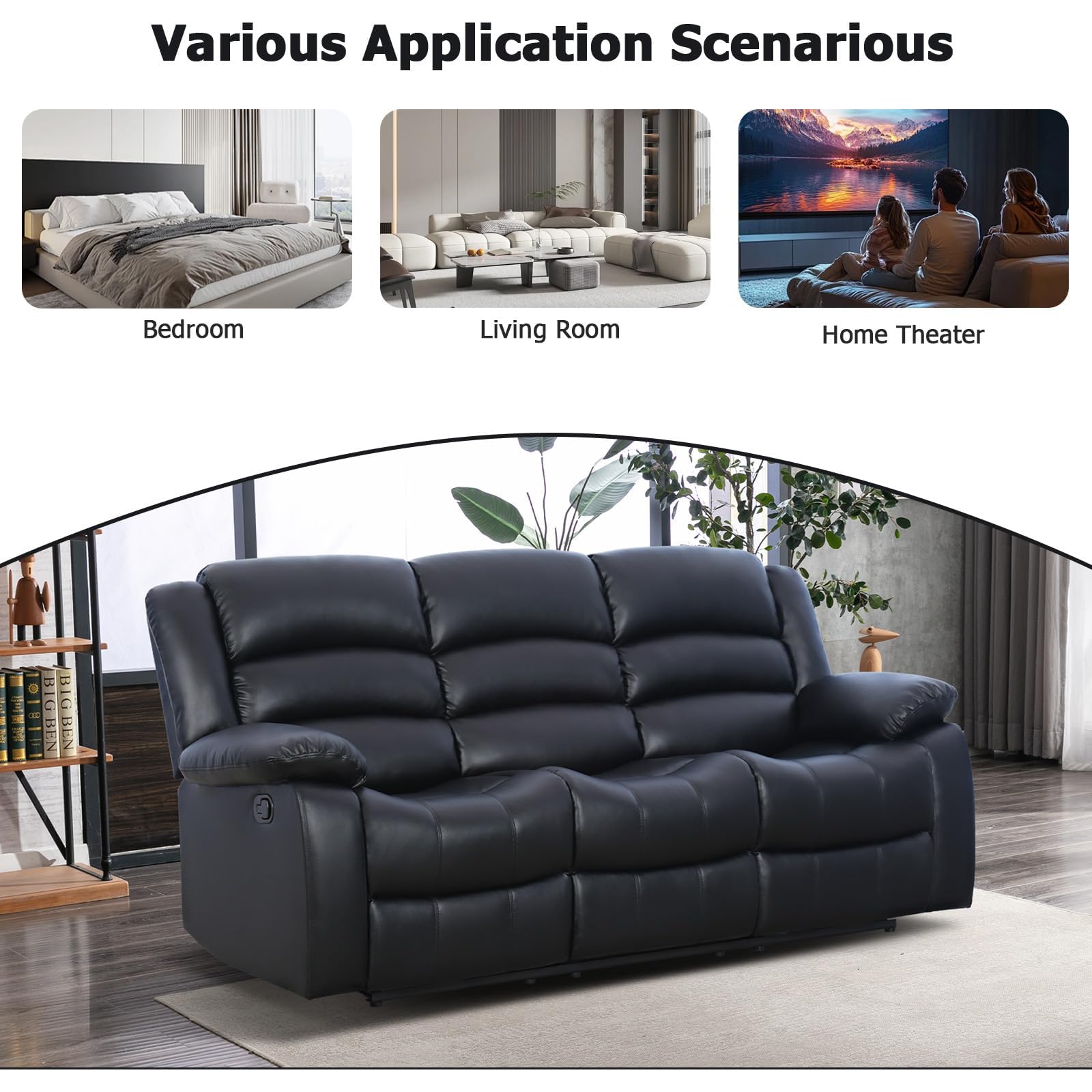 EBELLO Manual Recliner Sofa Set, Faux Leather Reclining Couch Furniture Set for Living Room, Includes 1 Recliner Chair and 2 3-Seater Reclining Couch for Home Theater and Office, Black view 5