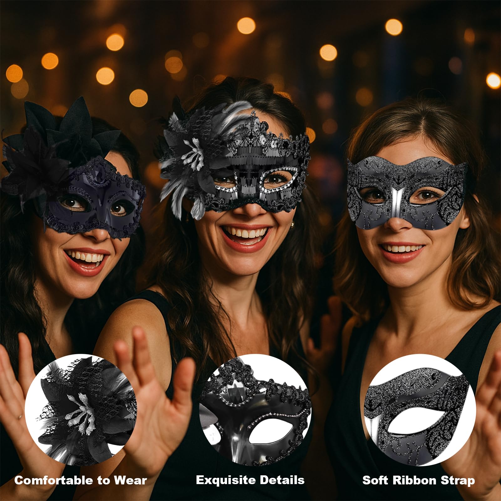 Masquerade Mask for Women 3 Pack Black Masquerade Masks - Image 3