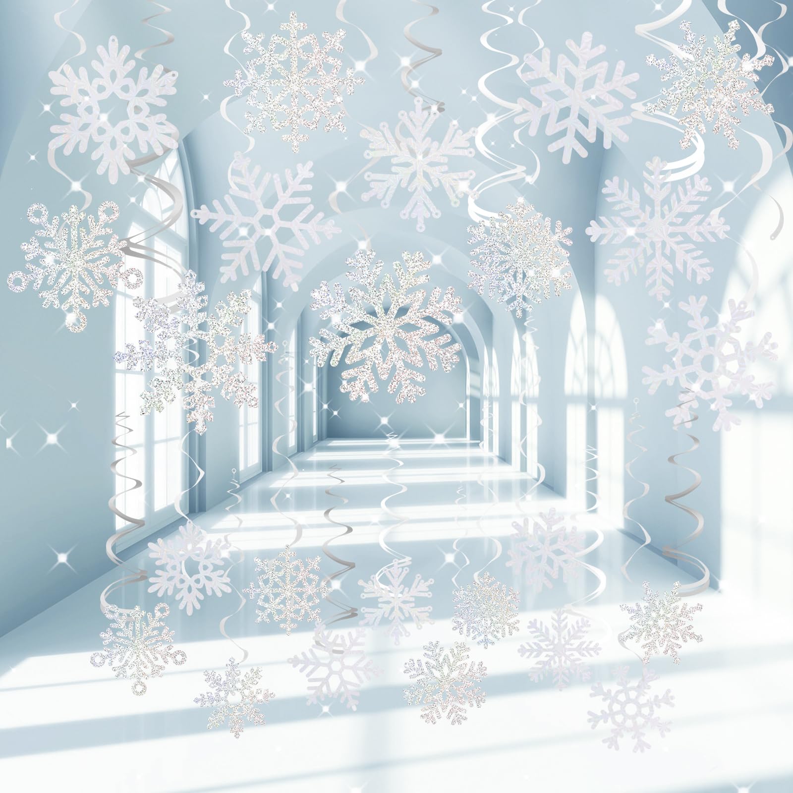Kukkume Silver&White 36 Pcs Christmas Ceiling Decorations Foil Hanging Christmas Snowflake Decorations Indoor White And Silver Paper Snowflakes Ornaments For Xmas Frozen Winter Wonderland New Year Party