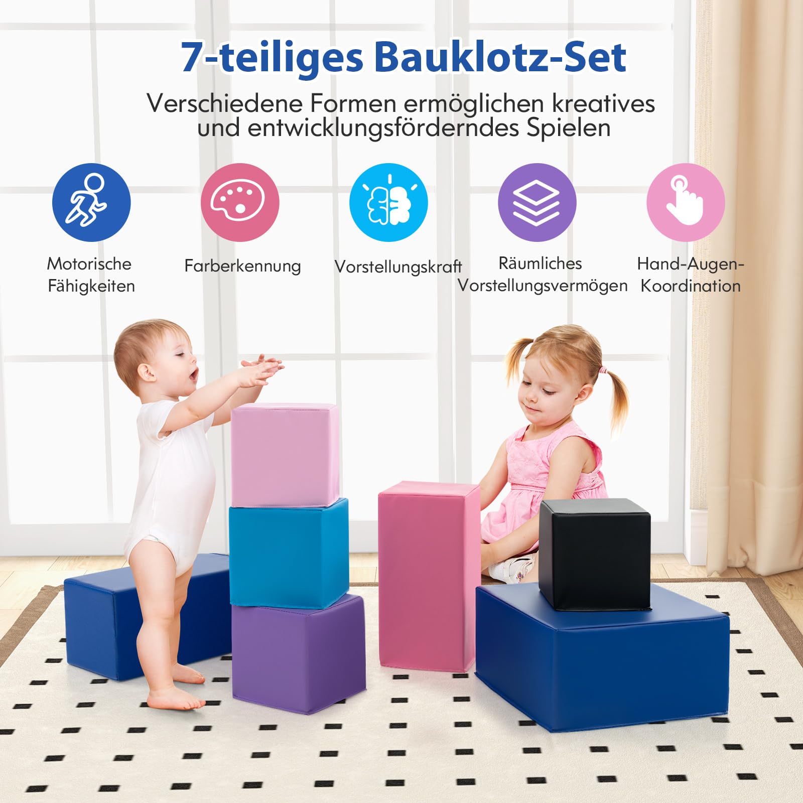 COSTWAY 7 TLG. Schaumstoff Bausteine, Softbausteine quadratisch & rechreckig, Bunte Riesenbausteine weich zum Klettern, Schaumstoffwürfel für Baby & Kinder ab 1 Jahr