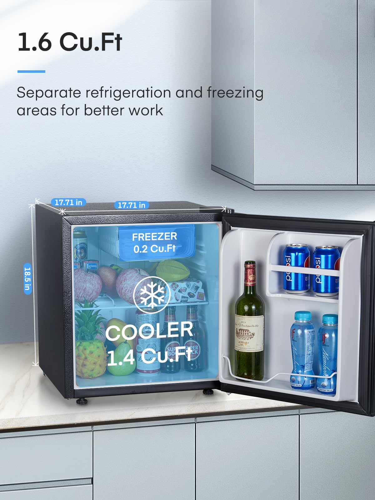 1.6 Cu.ft Mini Fridge for Bedroom, Mini Fridge with Freezer, 7-Level Adjustable Thermostat, Small Compact Refrigerator, Stainless Steel