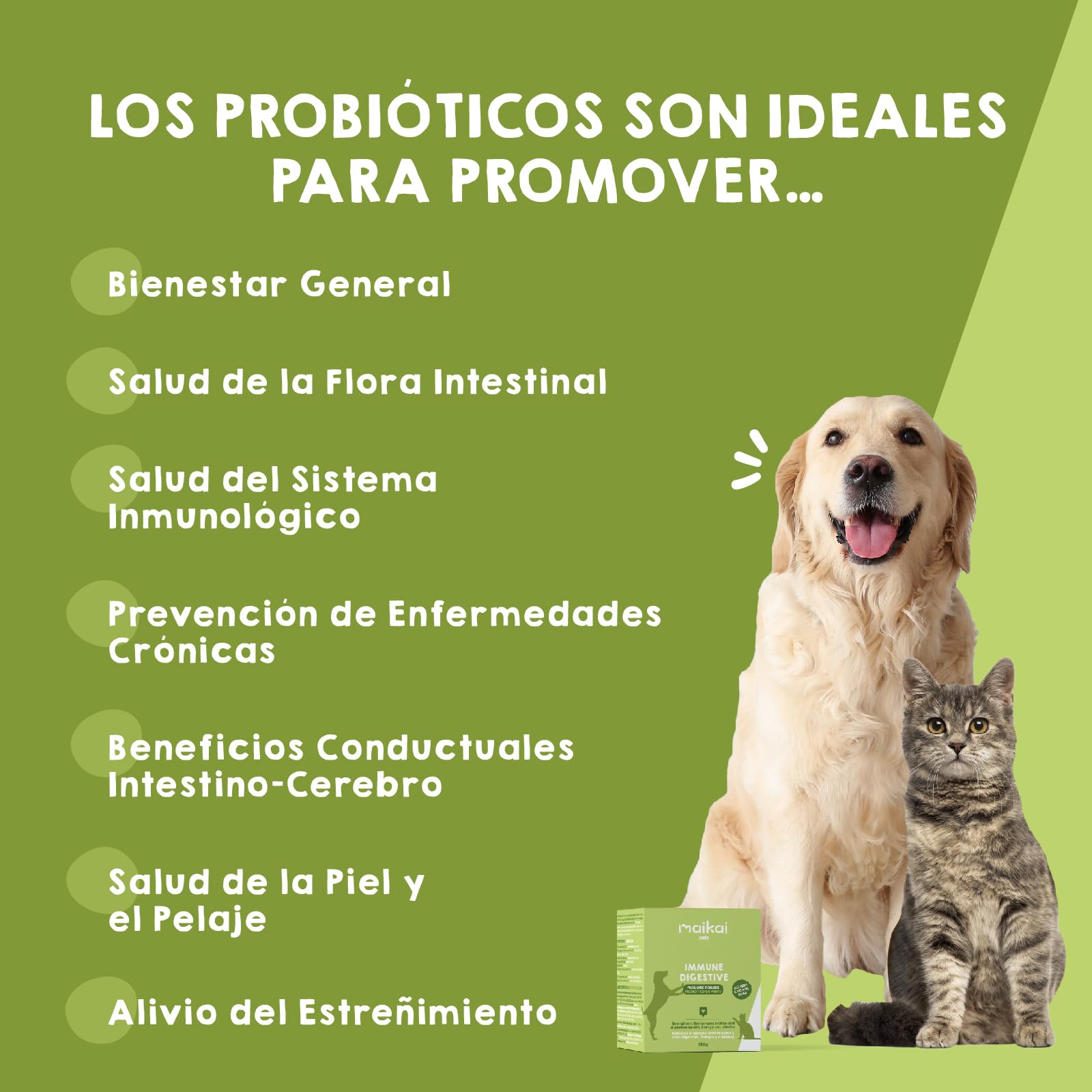 MAIKAI Probióticos para Perros y Gatos - Apoyo Digestivo + Inmunológico Natural - Antidiarreico en Polvo con Omega 3 + Boldo + Coenzima Q10 - Suplemento 150 g para Flora Intestinal y Defensas