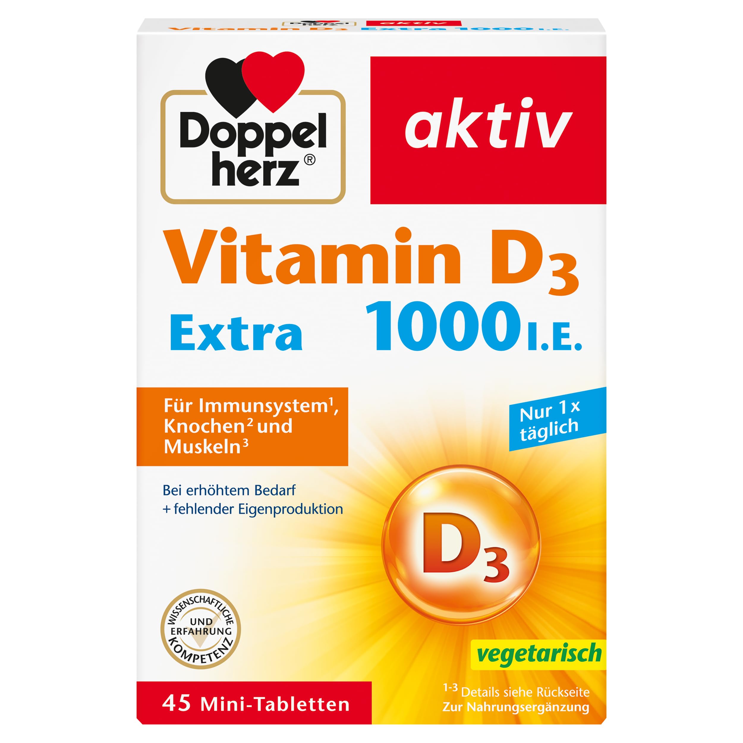 Doppelherz Vitamin D3 1000 - Vitamin D3 als Beitrag zur normalen Funktion des Immunsystems, der Knochen & Muskelfunktion - 45 Mini-Tabletten