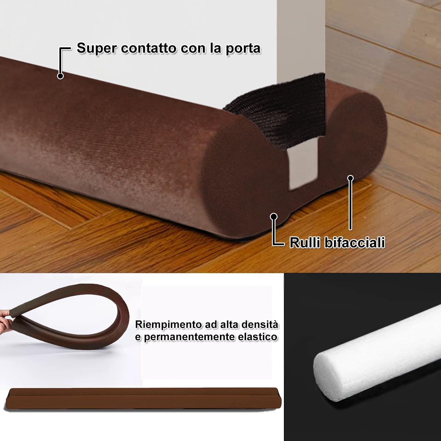 BKSAI Paraspifferi per Porte Guarnizione Inferiore Porte Senza Colla | Paraspifferi Doppia Guarnizione Isolante Termico Insonorizzato Antivento, Paraspifferi Sottoporta per Porte 60-75 cm Marrone