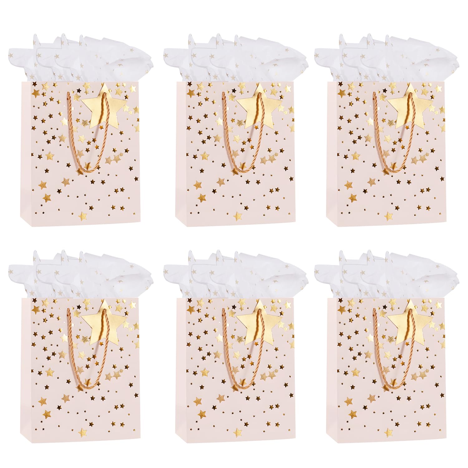 6 Pack Medium Gift Bags for Present,White Paper Bag with Handles Tissue Paper Gift Tags for Men Women Birthday Wedding Party Christmas Father's Day and Any Occation (White) — image 1