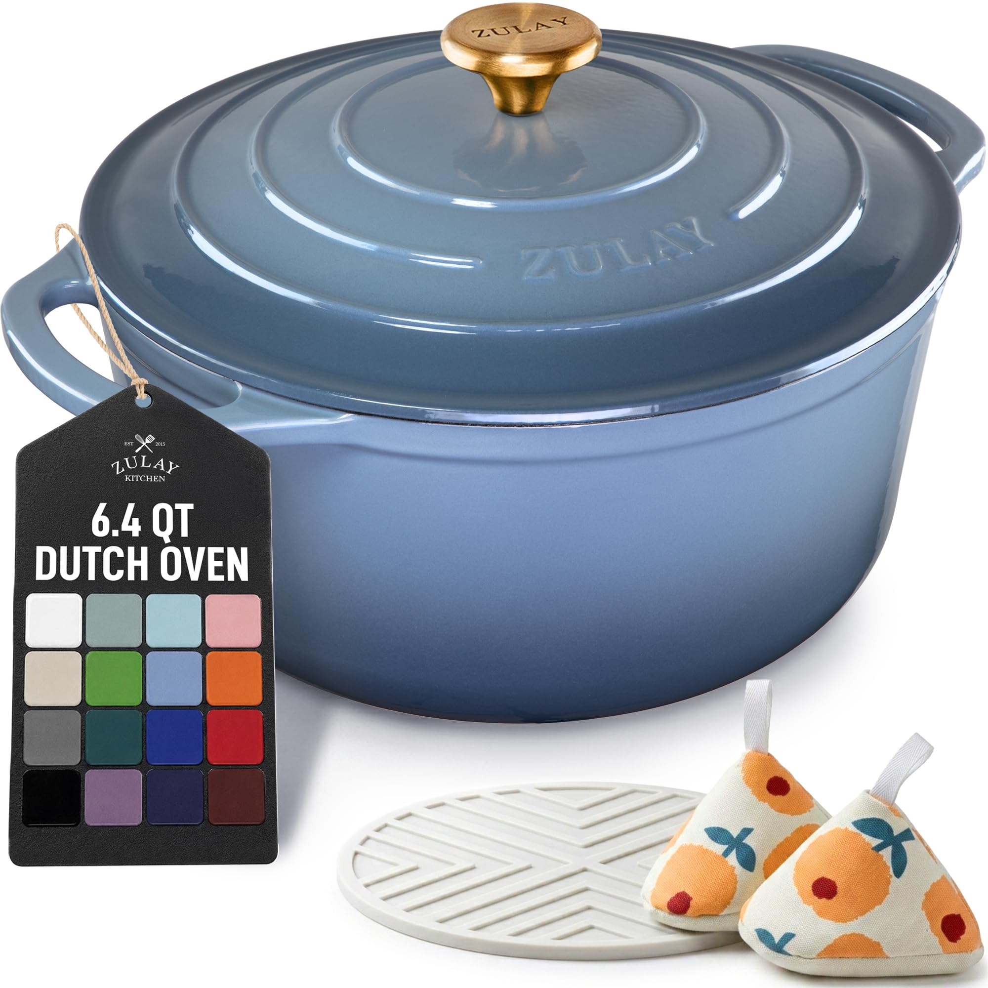Zulay Kitchen 6.4QT Enameled Cast Iron Dutch Oven Pot with Lid, Heavy-Duty Soup Pot for Stews, Braising, Roasting &amp; Sourdough Bread Baking, Oven Safe up to 500°F - Aquamarine