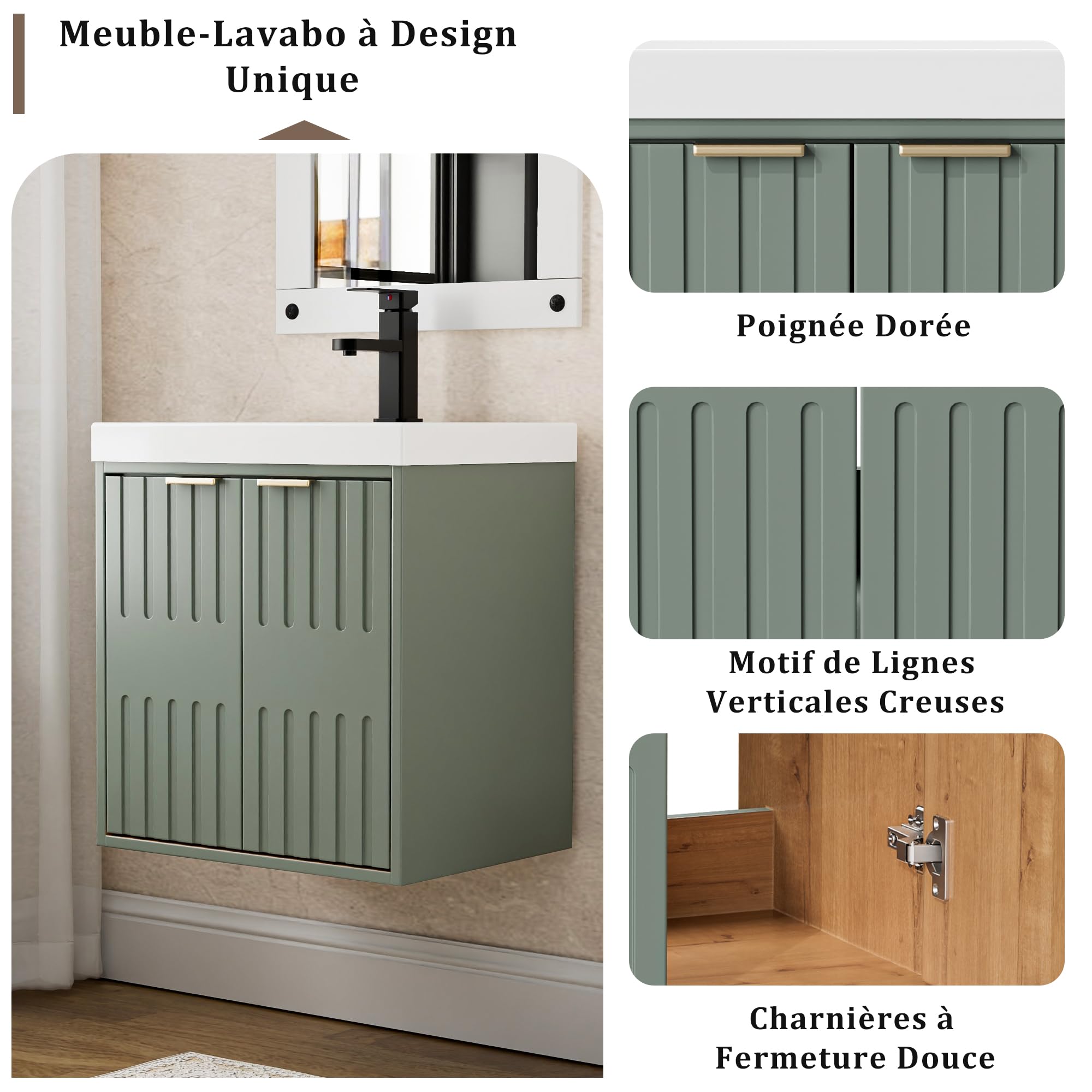 UEV Meuble de Salle de Bain Suspendu avec Vasque - Armoire sous-Lavabo 2 Portes Finition Bois - Gain de Place & Entretien Facile, Idéal pour Petites Salles de Bain et WC 50 x 38 x 55 cm, Vert